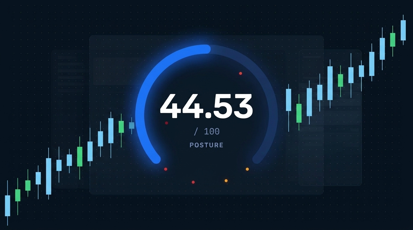 Ring gauge in ZHERO blue showing a security posture score of 44.53 out of 100 over a dark dashboard, with scattered critical findings and a rising candlestick chart