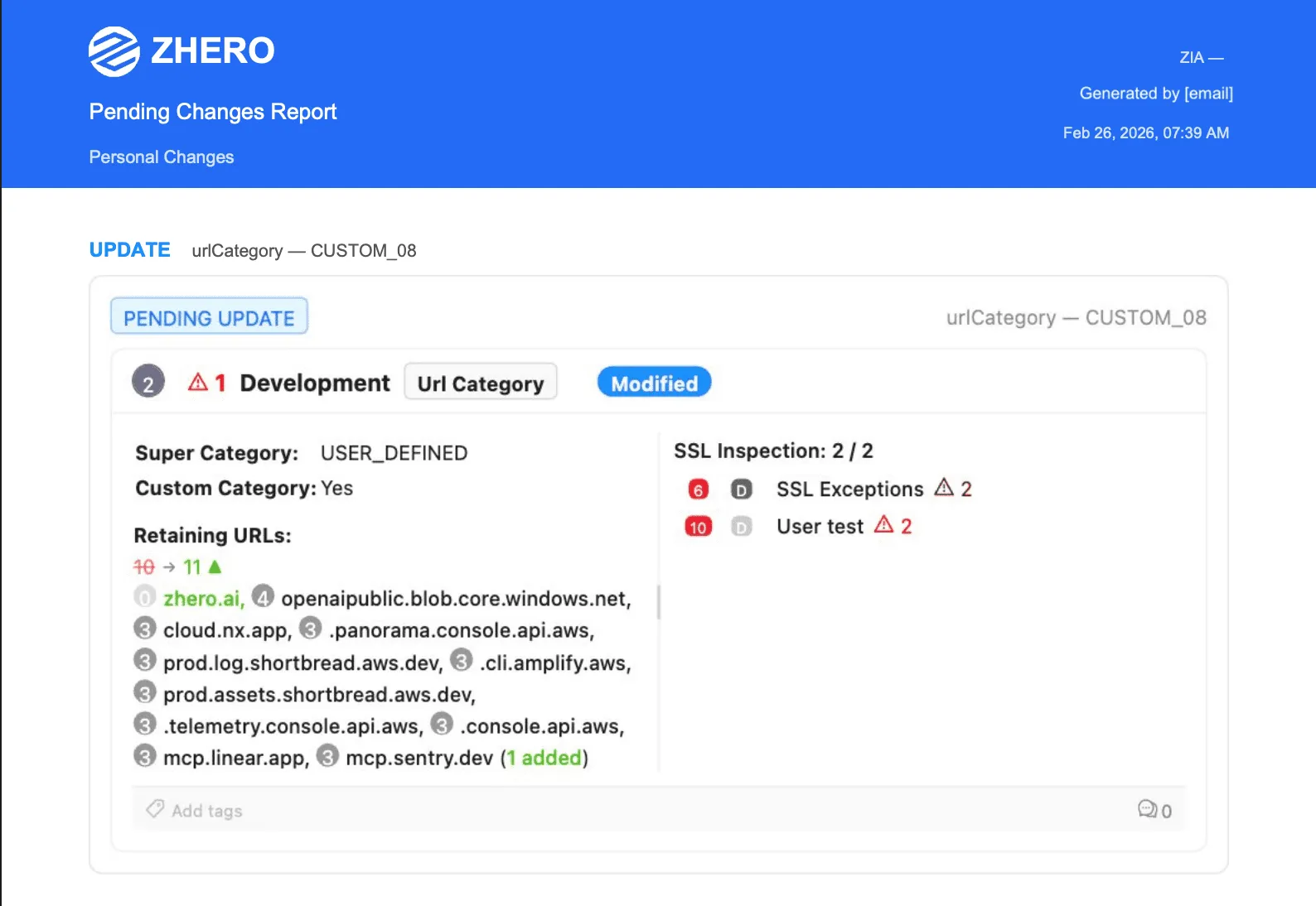 A branded Pending Changes report exported by ZHERO as a PDF, with visual diff cards showing each configuration change side by side, ready for an approval workflow