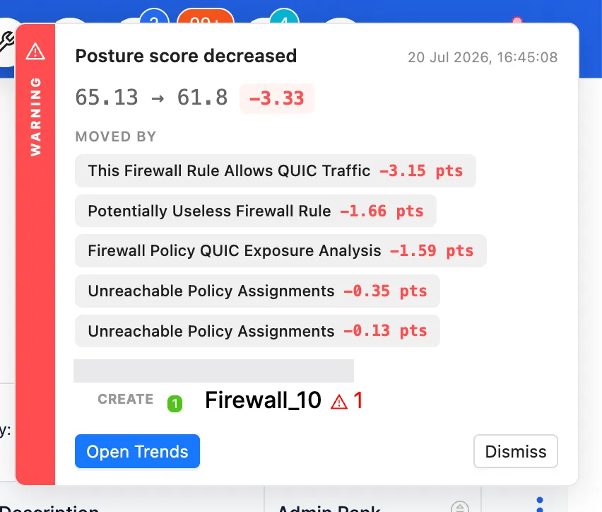 ZHERO posture score decrease card, score going from 65.13 to 61.8 for a loss of 3.33 points, with a MOVED BY list naming each template and its point cost, and the change that caused it