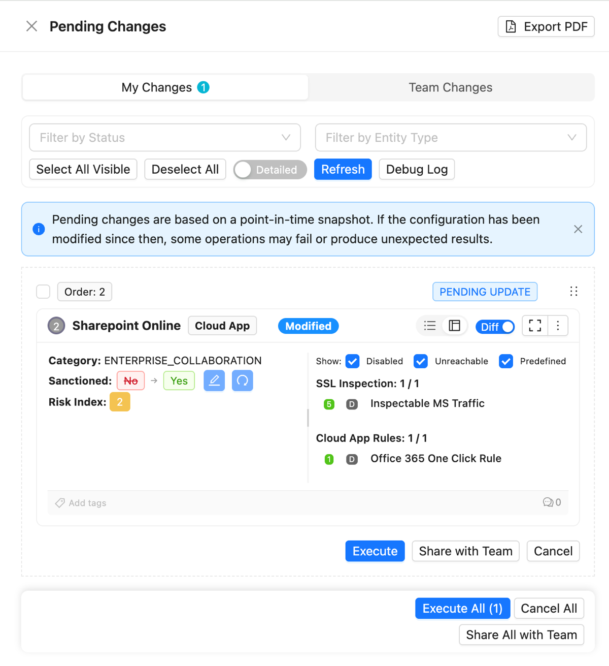 ZHERO Pending Changes queue with a Cloud App marked from unsanctioned to sanctioned, its before-and-after diff, order badge and per-change Execute, Share with Team and Cancel controls