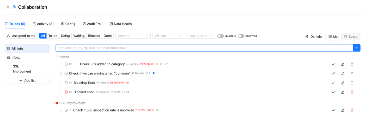 ZHERO shared to-do list in list view with natural-language quick-add, multiple lists, assignees, priorities, due dates, recurrence and links to Zscaler entities