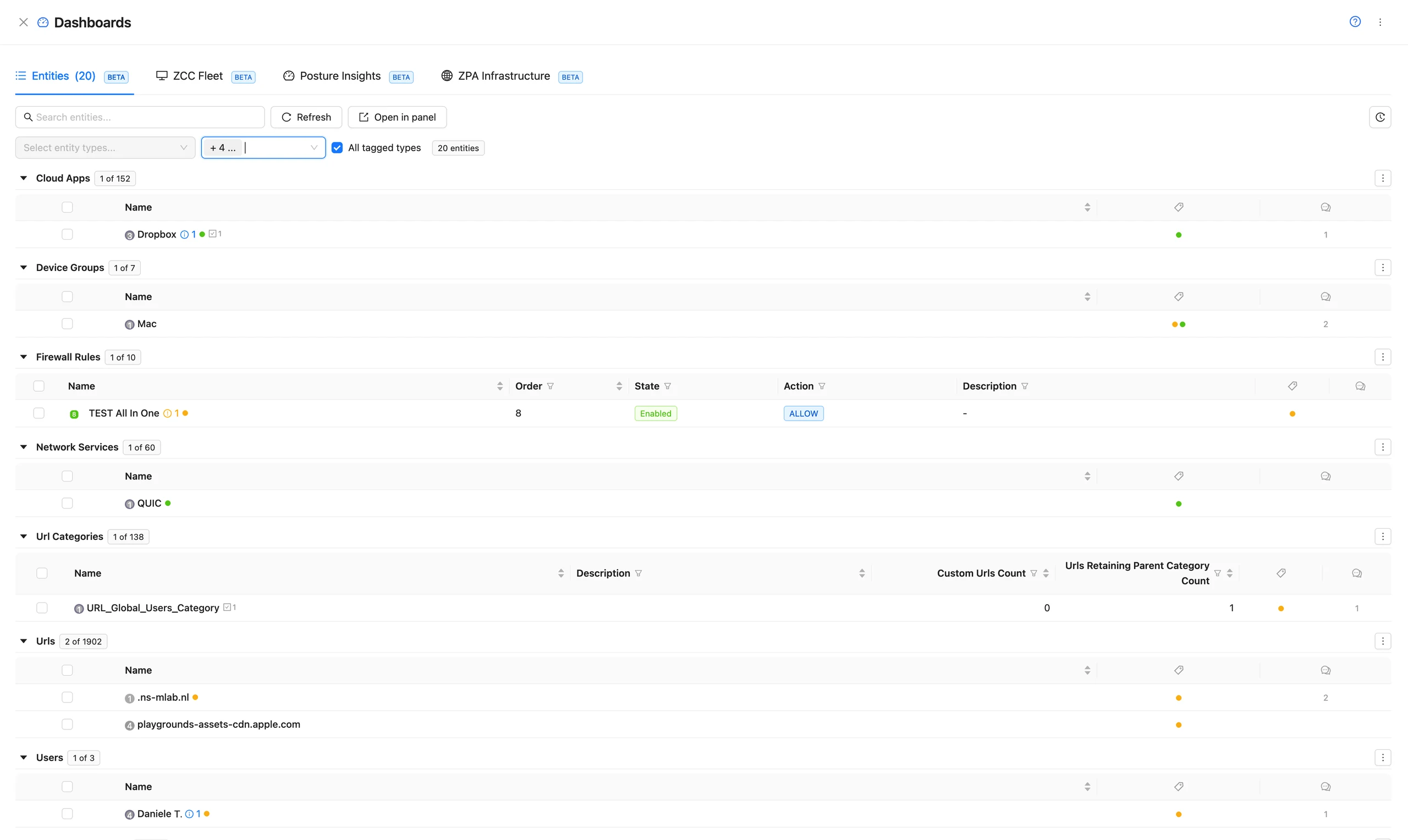 The Entities tab of the ZHERO Dashboards drawer filtered by tag with All tagged types: 20 entities in seven blocks, one per type (cloud apps, device groups, firewall rules, network services, URL categories, URLs, users), each with its own count and columns