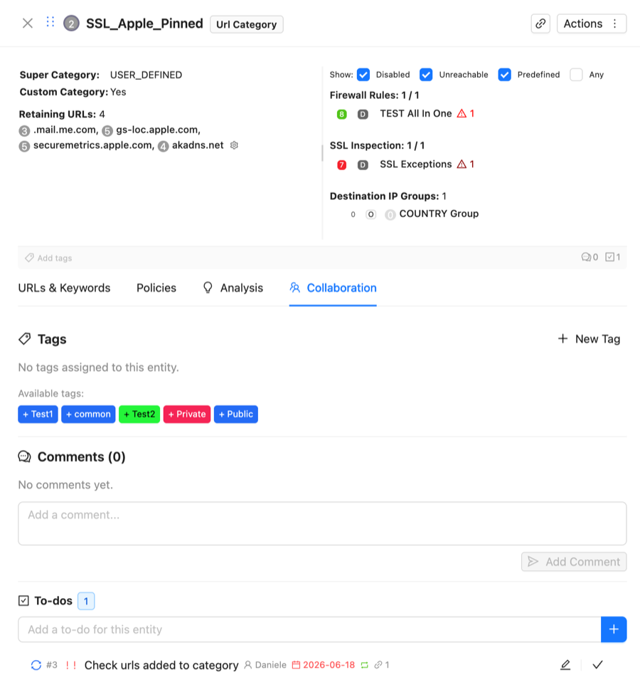 Collaboration tab on the SSL_Apple_Pinned URL category in ZHERO: tags, threaded comments and a To-dos section with per-entity quick-add and a linked to-do carrying an assignee and due date