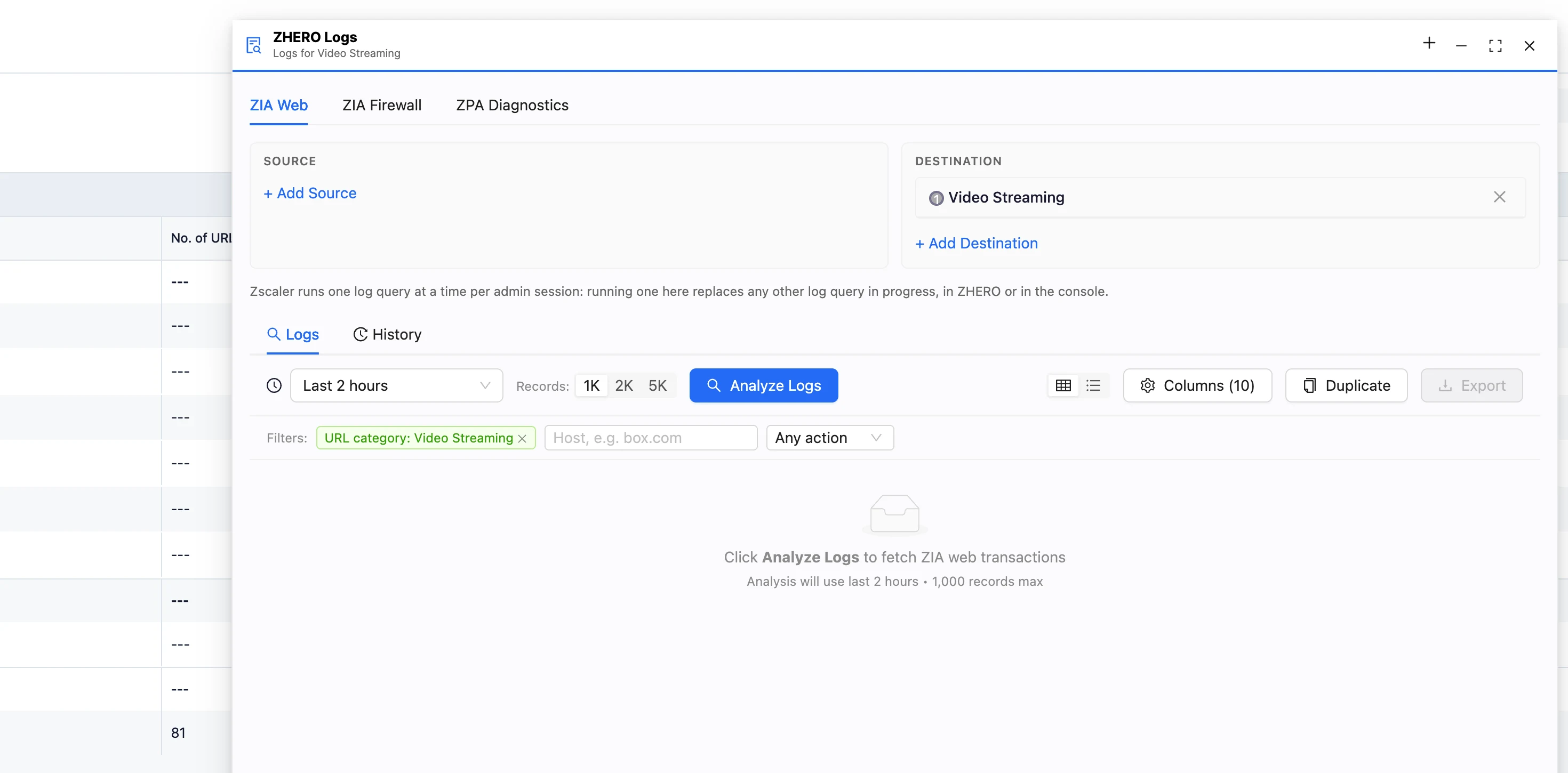 The ZHERO Logs panel floating over the Zscaler console, opened from a URL category with View Logs: ZIA Web, ZIA Firewall and ZPA Diagnostics tabs, the filter already set on the category, and the query waiting for Analyze Logs