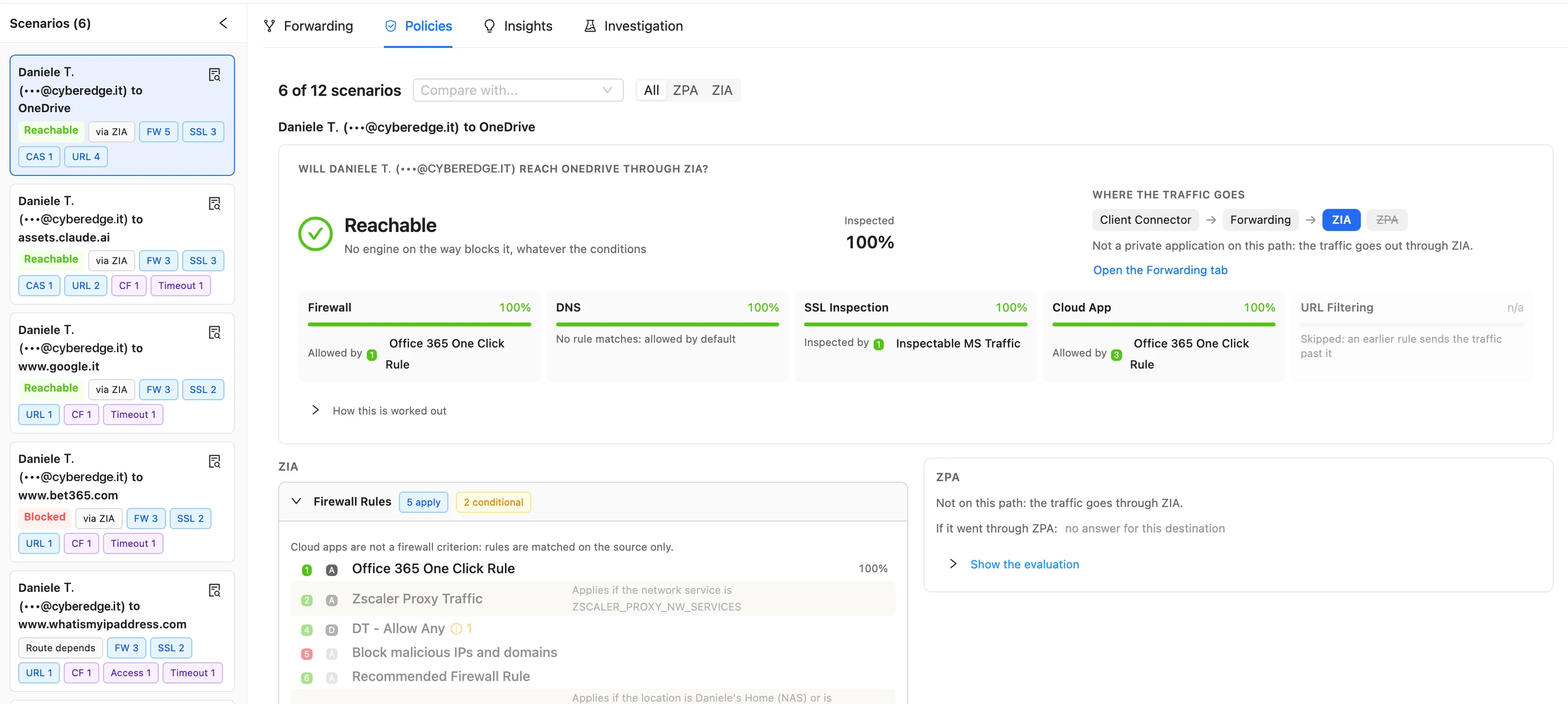 Troubleshooting Engine in ZHERO: six scenarios in the rail, each with its answer, and the ZIA verdict Reachable for a user to OneDrive, with where the traffic goes, the result of each engine (Firewall, DNS, SSL Inspection, Cloud App, URL Filtering) and the firewall rules in their real order