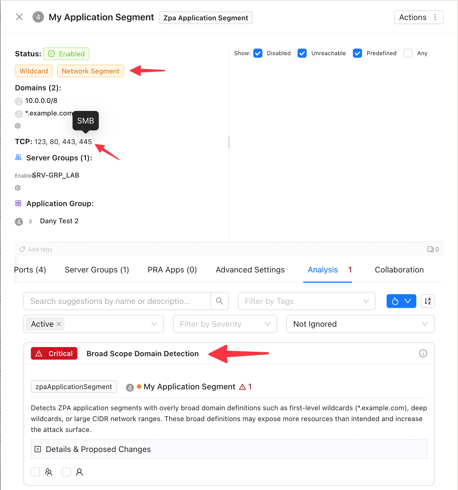 ZPA Application Segment in ZHERO enriched with wildcard and network segment badges, port tooltips and an inline analysis finding