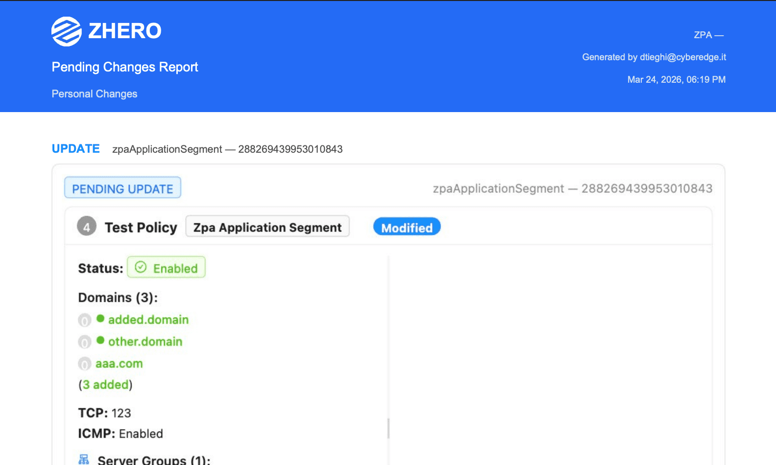 ZPA pending changes in ZHERO shared with the team and exported to PDF for review